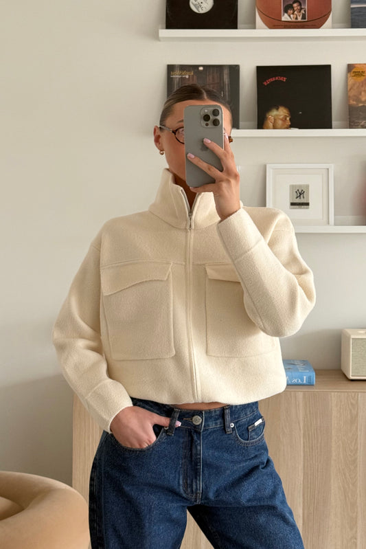 Cream Knit Zip Jacket